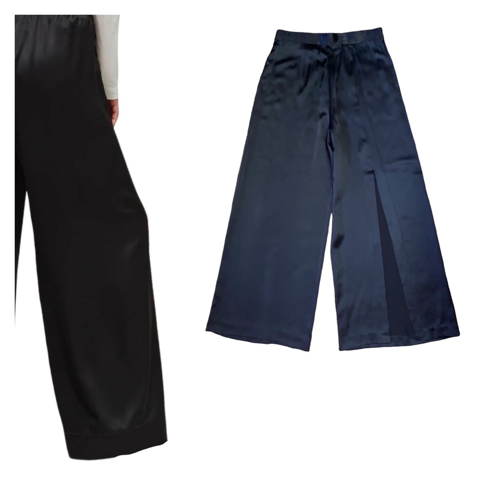 Suzelle Vintage 100% Silk Womens 8 One High Slit Leg Flare Silk Pants Black